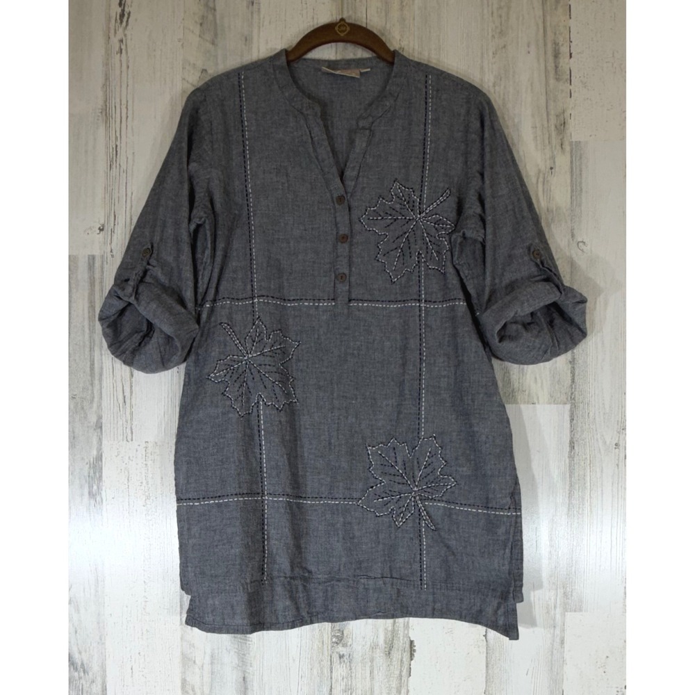 Utsa Popover Tunic Gray Embroidered Maple Leaf Size Medium Roll Tab Boho India